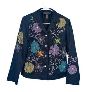 Vintage INDIGO MOON Women's L Black Embroidered Bohemian Jacket Floral Small